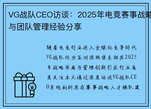 VG战队CEO访谈：2025年电竞赛事战略与团队管理经验分享